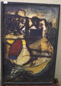 A large 20th century abstract oil painting, thickly painted depicting a coastal scene,