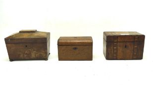 Three 19th century tea caddies, one of sarcophagus form, one with inlaid detail