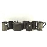 Collection of 19th and 20th century pewter mugs including a glass bottomed example and a lidded box