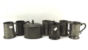 Collection of 19th and 20th century pewter mugs including a glass bottomed example and a lidded box