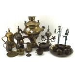 A collection of middle eastern metalware, to include brass Dallah, dishes,