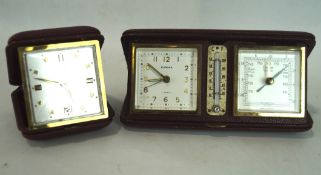 Two vintage travel clocks, one a Tempora within a red leather case,