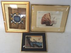 A selection of three pictures and prints, to include one Japanese woodblock print,