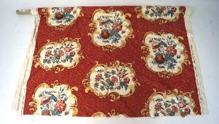 Roll of fabric, Colefax & Fowler, 'B|oughton' psttern of flower reserves on a red ground,