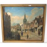 An oil on board scene depicting a 19th century street scene, framed,