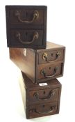 Three vintage wooden tool boxes, each with two drawers, some with compartments to the inside,