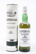 A bottle of Laphroaig single Islay Malt 10 year old Scotch whisky,