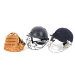 Two Cricket helmets and a Baseball glove,