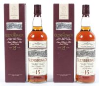Two bottles of Glendronach 15 year single highland malt Scotch whisky, 100% matured in sherry casks,