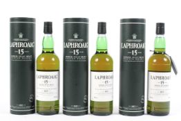 Three bottles of Laphroaig 15 year old single Islay malt Scotch whisky,