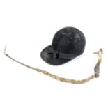 A Victorian beagling whip and a Grand Prix French moleskin covered riding hat