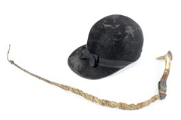 A Victorian beagling whip and a Grand Prix French moleskin covered riding hat