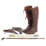 A selection of assorted riding equipment, to include a pair of leather boots, Army & Navy telescope,