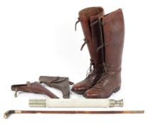 A selection of assorted riding equipment, to include a pair of leather boots, Army & Navy telescope,