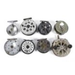 Eight vintage centre pin fishing reels,