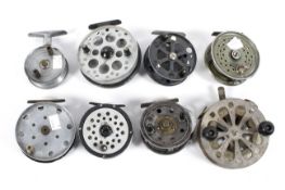 Eight vintage centre pin fishing reels,