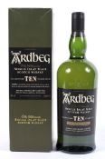 A bottle of Ardbeg ten year old single Islay malt Scotch whisky, non chill filtered, 46% vol,