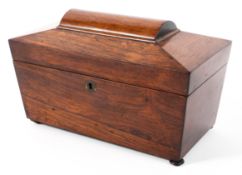 A 19th century rosewood sarcophagus shaped tea Caddy with twin compartments complete with mixing