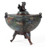 A large 19th century Chinese champleve incense burner decorated with fo-dogs,