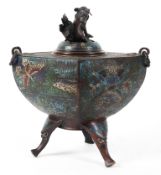 A large 19th century Chinese champleve incense burner decorated with fo-dogs,