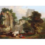 A 19th century oil on canvas depicting figures and live stock with ruins in the background