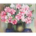 A 20th century still life depicting Gladiolis, mounted in original white frame,