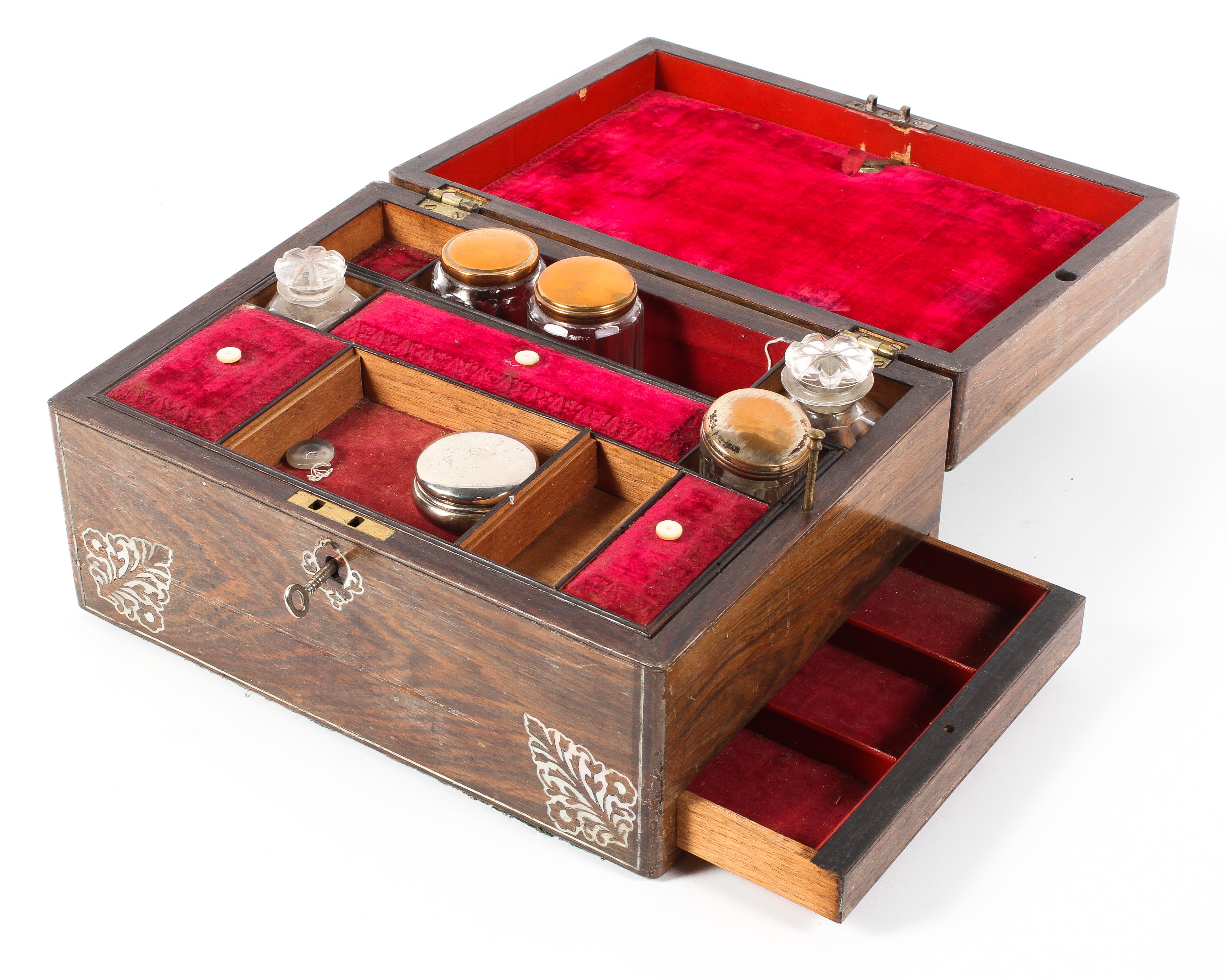 A 19th century rosewood and mother of pearl inlay ladies traveling vanity box with fitted red - Image 2 of 2