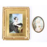 A 19th century portrait of a lady, on ivory, seated looking to her left, beside a column,