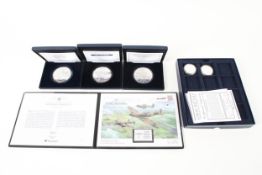 Three 5oz silver coins from 2010, a VE day 2008 Anniversary of RAF & Jersey 2008 £10 pounds 2008,