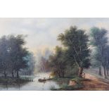C Hilton (20th century), oil on canvas, country water lake scene fisherman in a boat,