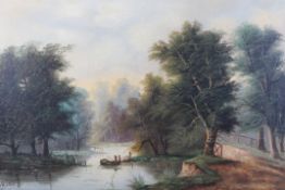 C Hilton (20th century), oil on canvas, country water lake scene fisherman in a boat,