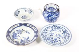 Four pieces of blue and white porcelain to include two Qing dynasty dishes decorated with birds and