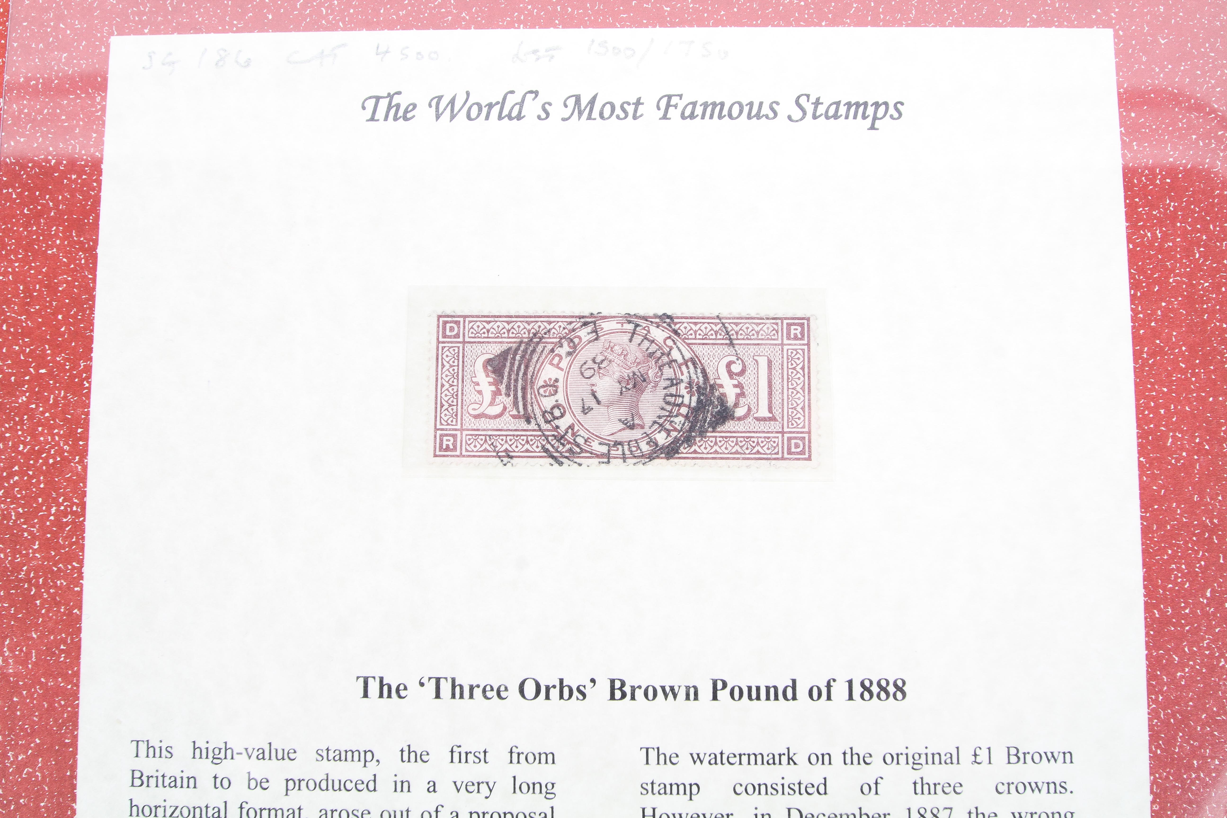 A Westminsters Collection Ltd folder containing The 1888 £1 Brown Orb Watermark stamp - Image 2 of 2