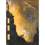 JL Jones Acrylic on board, 'Bath Under Attack' depicting Julian Road on fire, April 1942,