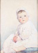 A Victorian portrait of a seated baby holding a ball, watercolour and pencil,