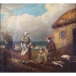 W. Shayer, (British, 1787-1879), a small oil on board of a fishing family outside a cottage,