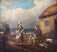 W. Shayer, (British, 1787-1879), a small oil on board of a fishing family outside a cottage,