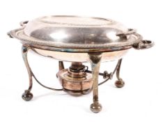 A silver plated muffin dish or food warmer, cover and stand with burner,