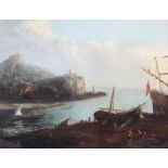 19th Century School, Coastal Scene, with rocky outcrop above ships, oil on canvas, giltwood frame,