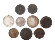 A collection of coins, including: 9 milled coins, 1663 crown holed, 1804 Bank of England dollar,