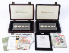 Two cased Westminster 2nd World War silver coin sets, each consisting of a half crown,a florin,