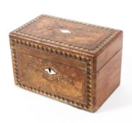 A 19th century walnut, parquetry and mother of pearl inlaid teacaddy with two fitted compartments,