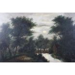 A 19th century oil on canvas, country moonlight scene,