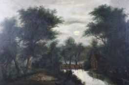 A 19th century oil on canvas, country moonlight scene,