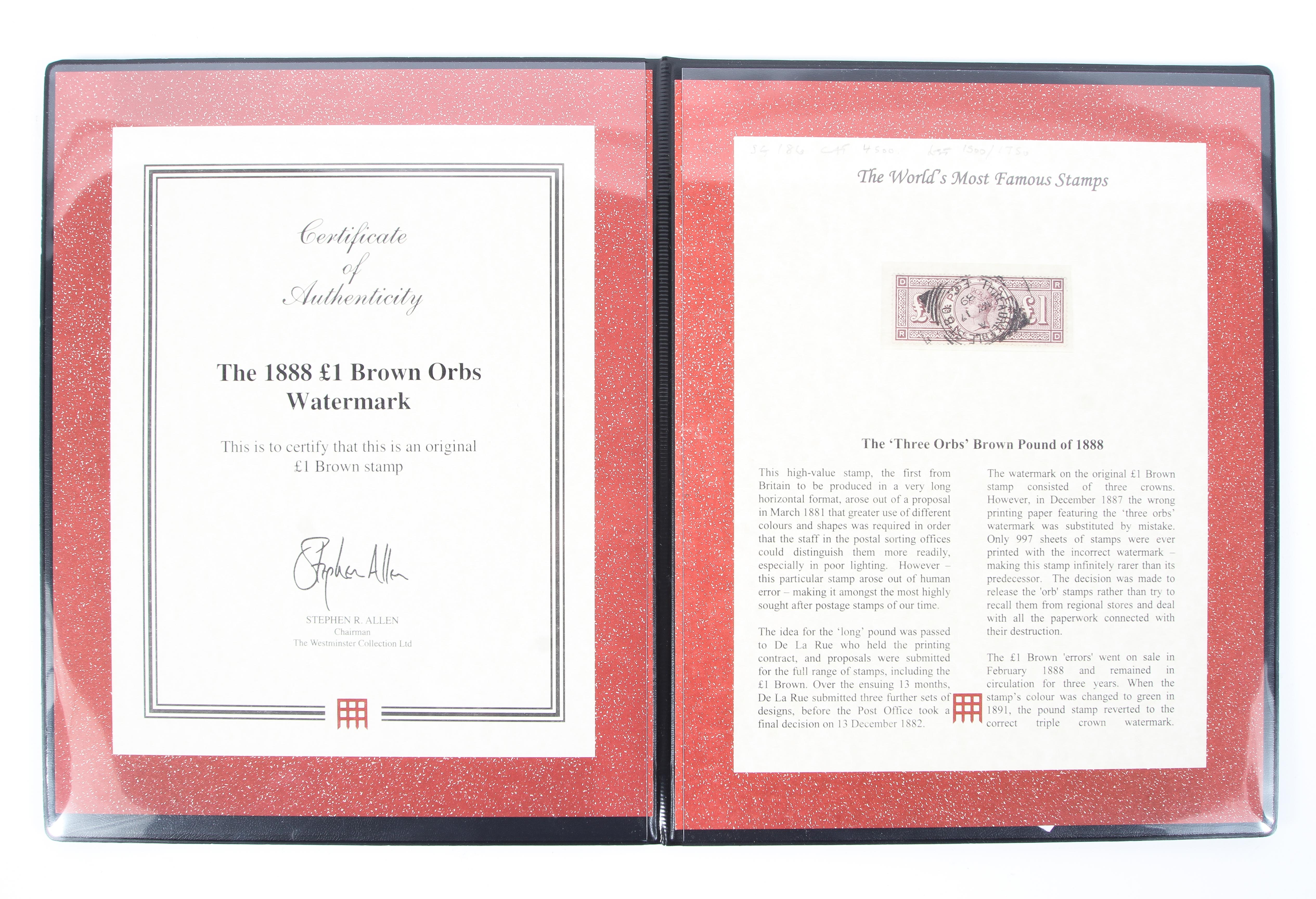 A Westminsters Collection Ltd folder containing The 1888 £1 Brown Orb Watermark stamp