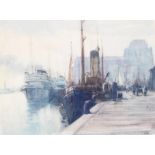 A late 19th century watercolour and chalk drawing of a harbour scene, 34cm x 44.