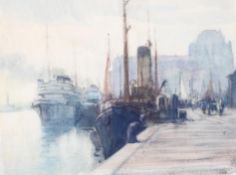 A late 19th century watercolour and chalk drawing of a harbour scene, 34cm x 44.