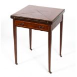 A Edwardian mahogany envelope games table, inlaid with satinwood stringing,