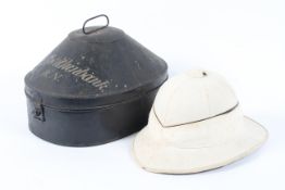 A Gieves Ltd Royal Naval Outfitters London W 71/4 pith helmet in original hat tin inscribed D.F.