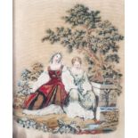 A 19th century needle work depicting two seated classical ladies set in a gilt frame 39cm x 42cm